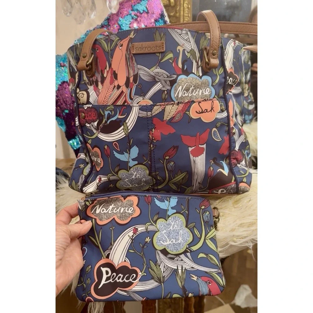 Sakroots Women's Peace Satchel Handbag Blue Multi Floral Birds And Makeup Bag